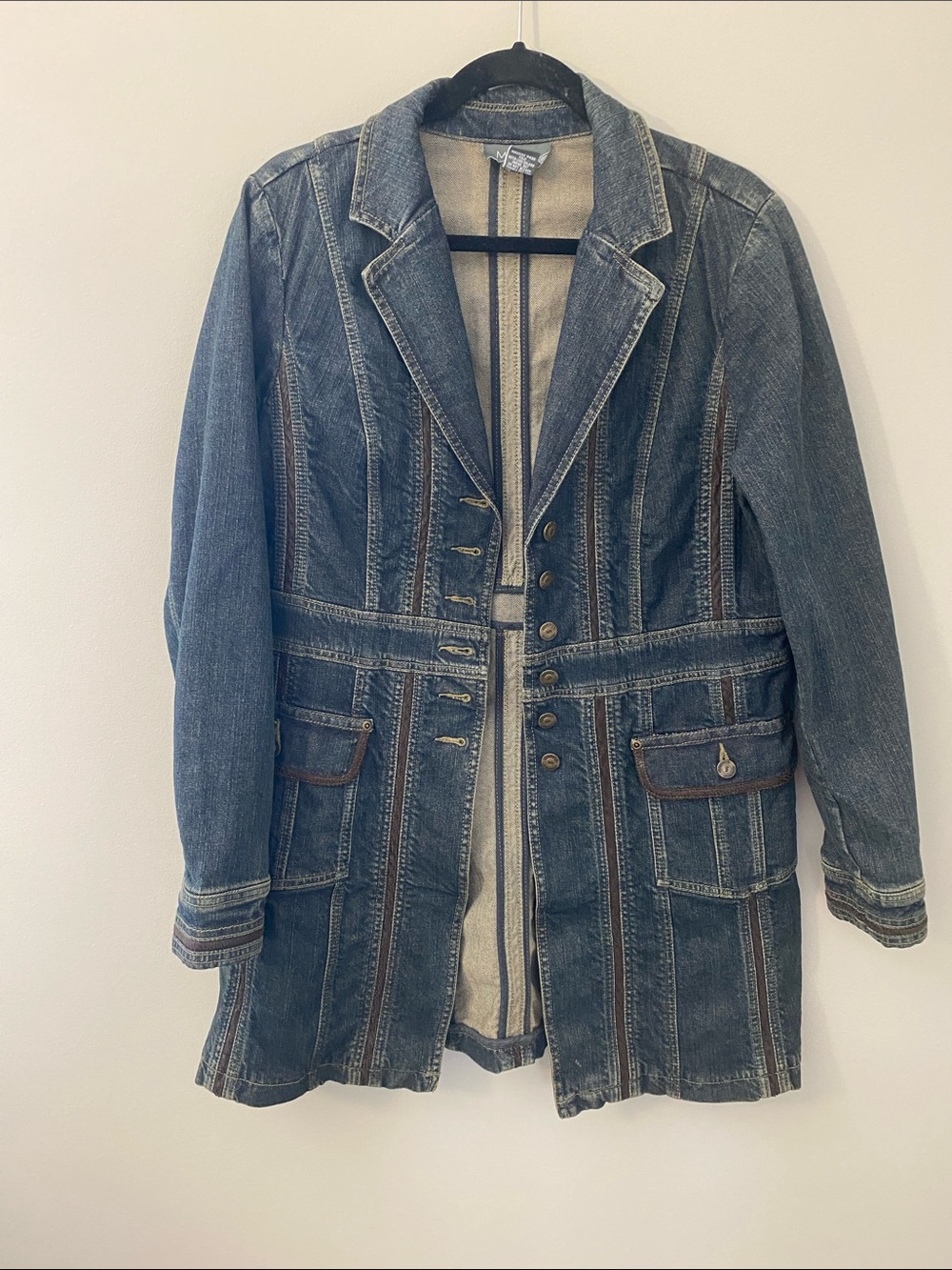 MOTTO Dark Blue Distressed Denim Blazer Jacket with Leather Trim Long Line